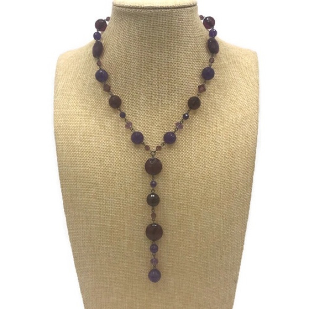Furla Italy Purple Beaded Y Drop Dangle Necklace